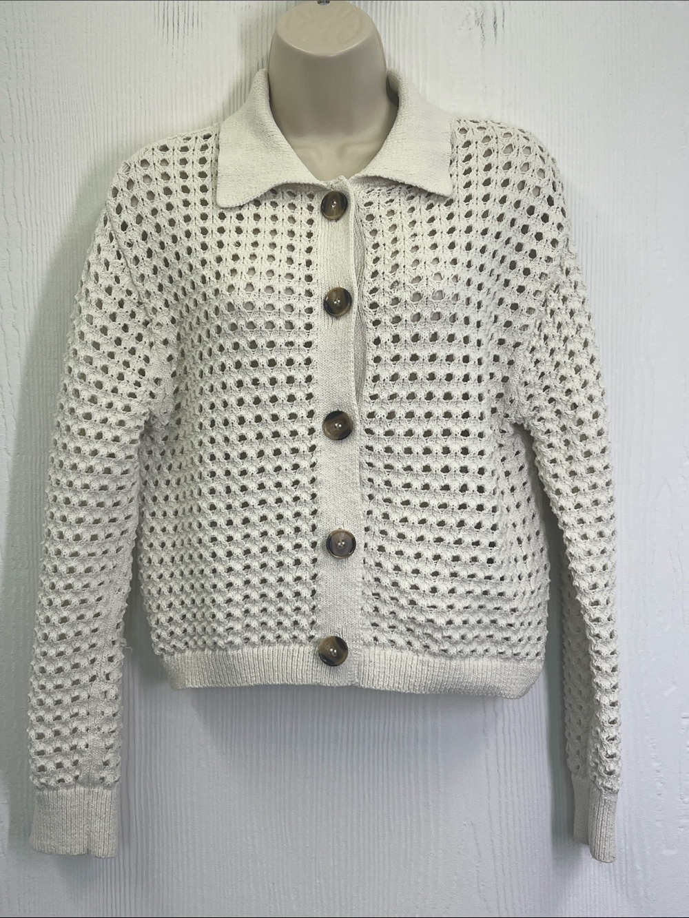 H&M - Cream Ivory Open Knit Button Down Lightweight Long Sleeve Cardigan Size XS - Picture 2 of 11